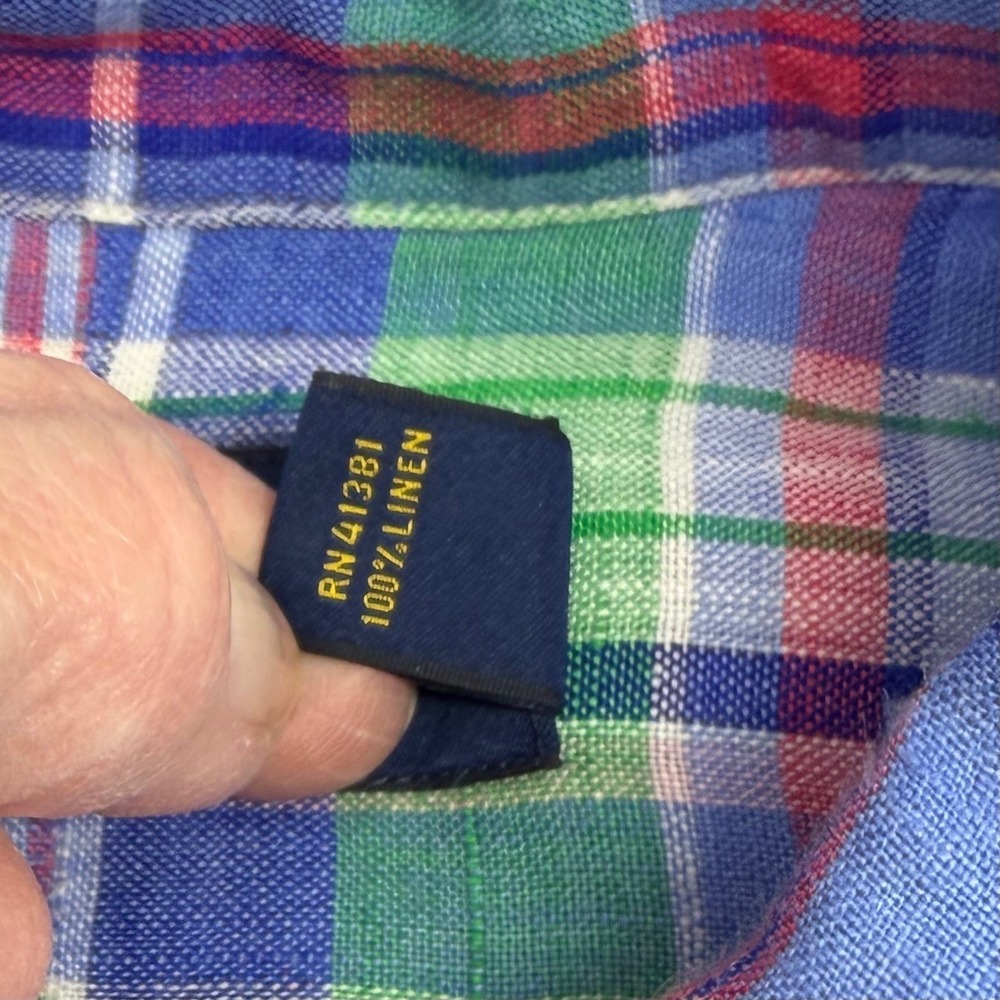 Ralph Lauren Linen Plaid Shirt XL Preppy Blue Button Down Short Sleeve Mens Top - Picture 6 of 11